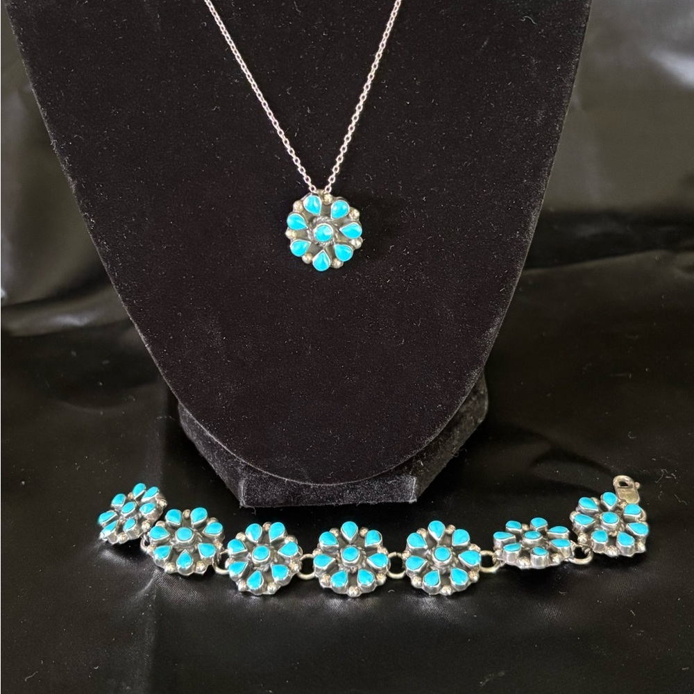 Turquoise and Silver Floral Bracelet and matching pendant